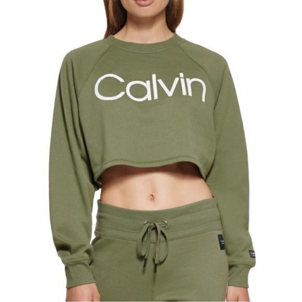 Calvin Klein Olive Green Cropped Sweatshirt with White Logo